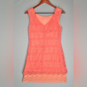 bebe Bright Coral Orange Pink Lace Mini Dress